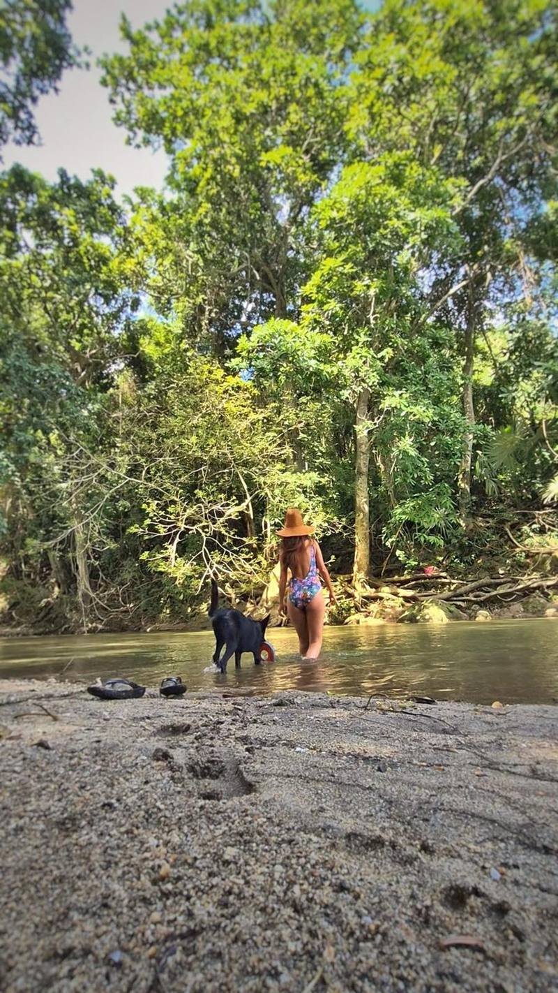 Una persona y un perro caminando por la orilla del río